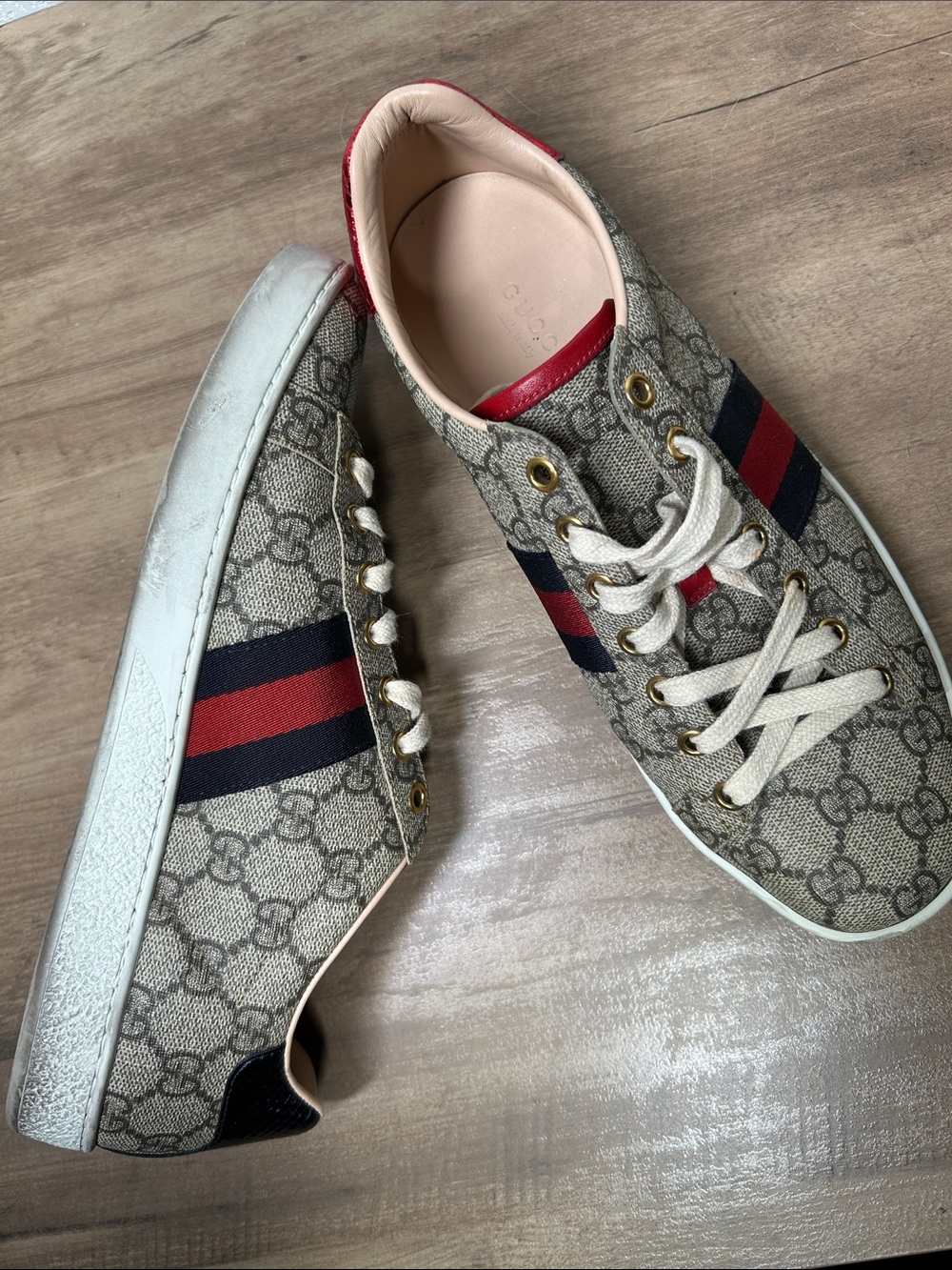 Gucci Beige GG Supreme Canvas Sneakers with Red & Navy Web - Picture 5 of 8
